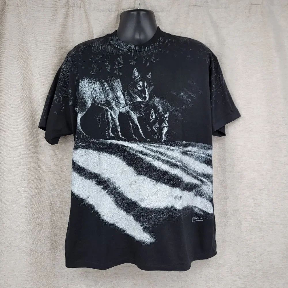 Harlequin 90s Single Stitch Black All Over Graphic Wolf Pack Tee T-Shirt Vintage